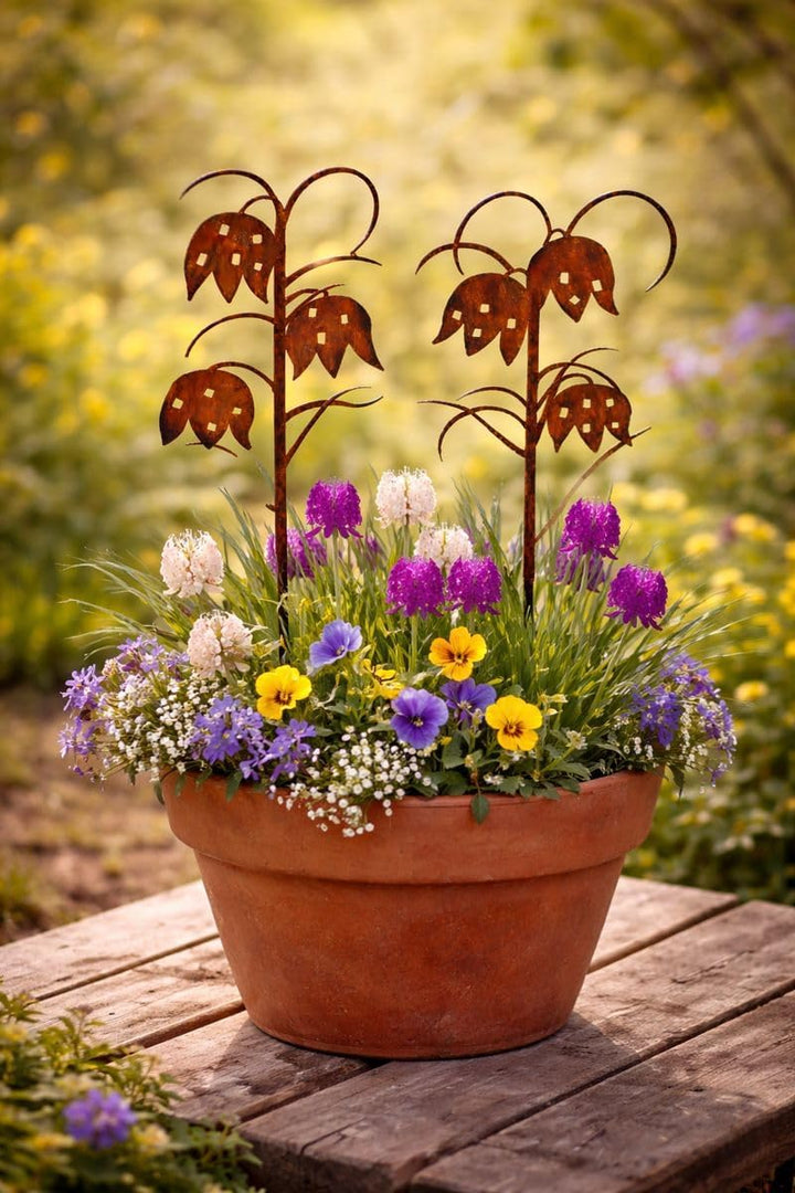 Gartenstecker Schachbrettblume Fritillaria, Edelrost Rostoptik Metall, 2er-Set, Gartendekoration, Bl