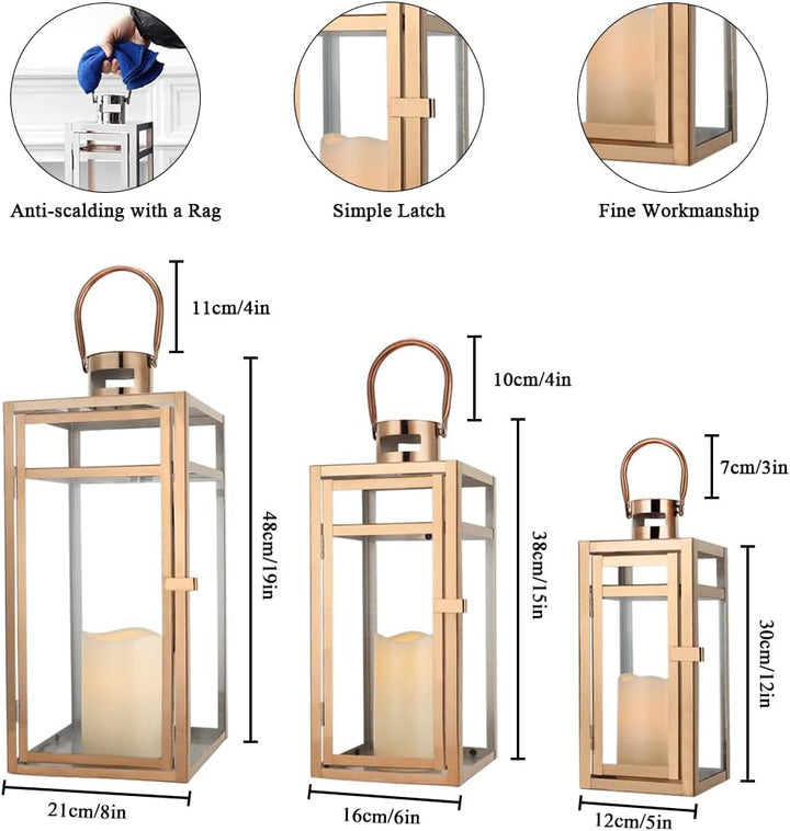 TRIROCKS 3er-Set Kerzenlaterne aus Edelstahl 48 cm & 38 cm & 30 cm hoch Kerzenhalter aus Metall mit