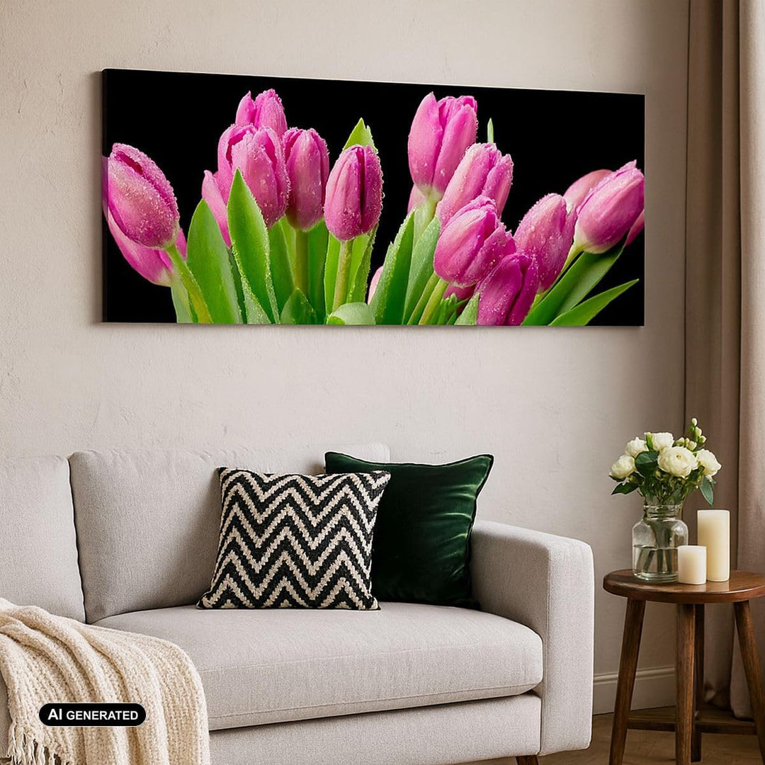 Wandbilder Dekoration Wohnzimmer Tulpen Blumenstrauss Tau Tropfen Panorama Bilder auf Leinwand 120x5