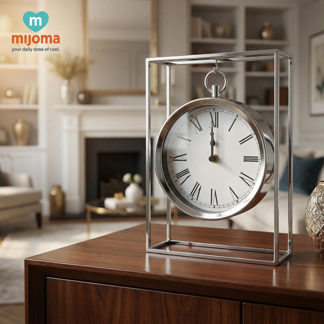 MIJOMA Tischuhr Hängemodell 25cm – Dekorative Metalluhr Silber – Römische Ziffern – Batteriebetriebe