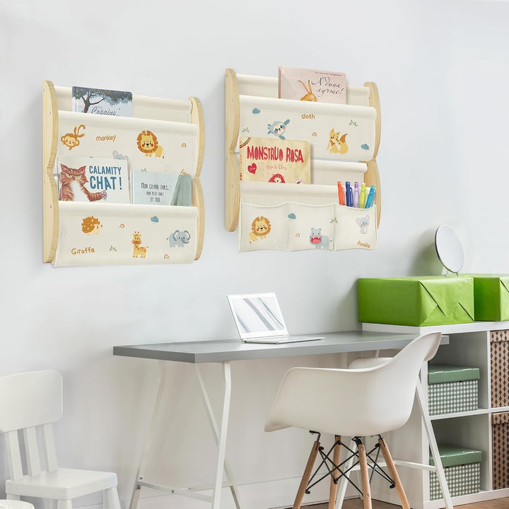 Bücherregal Kinder Wand Kinderbücherregal Montessori mit 4 Ablagen & 3 Taschen Kinderregal Wandregal
