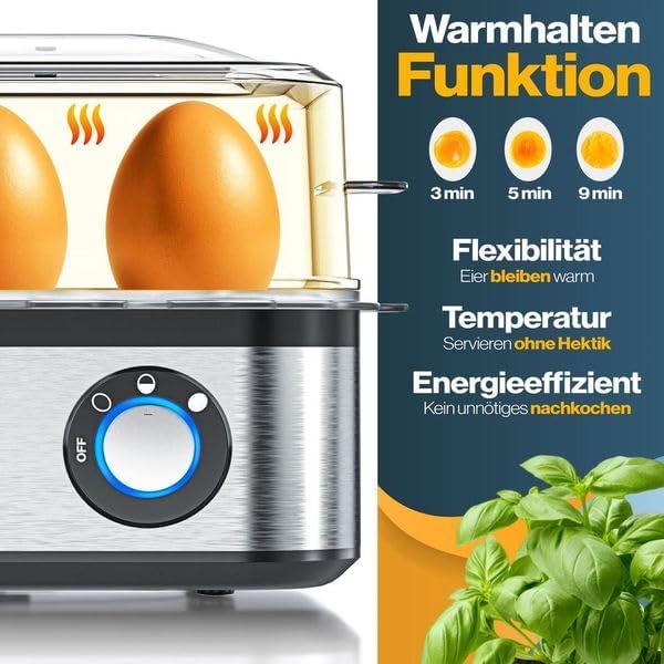 KESSER® Eierkocher für 1 bis 8 Eier elektrisch aus Edelstahl 500W & Warmhaltefunktion | LED-Drehscha