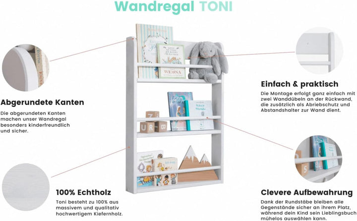 TiCAA Kinder Bücherregal Toni 55x80 & 60x130 Natur 55x80, Natur 55x80