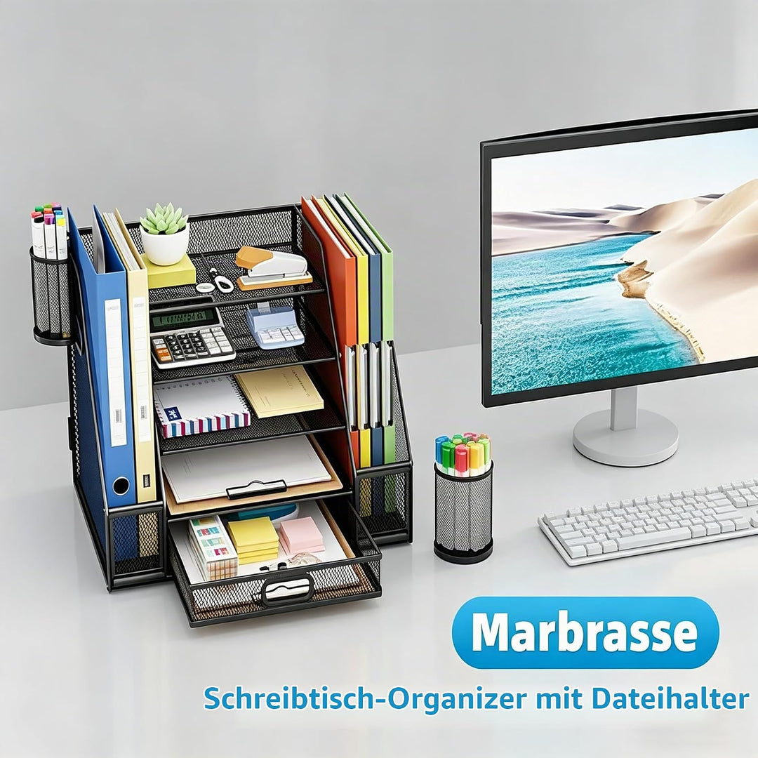 Marbrasse Schreibtisch Organizer mit Aktenhalter,5 Ebenen Briefablage Ablagefächer mit Schublade und
