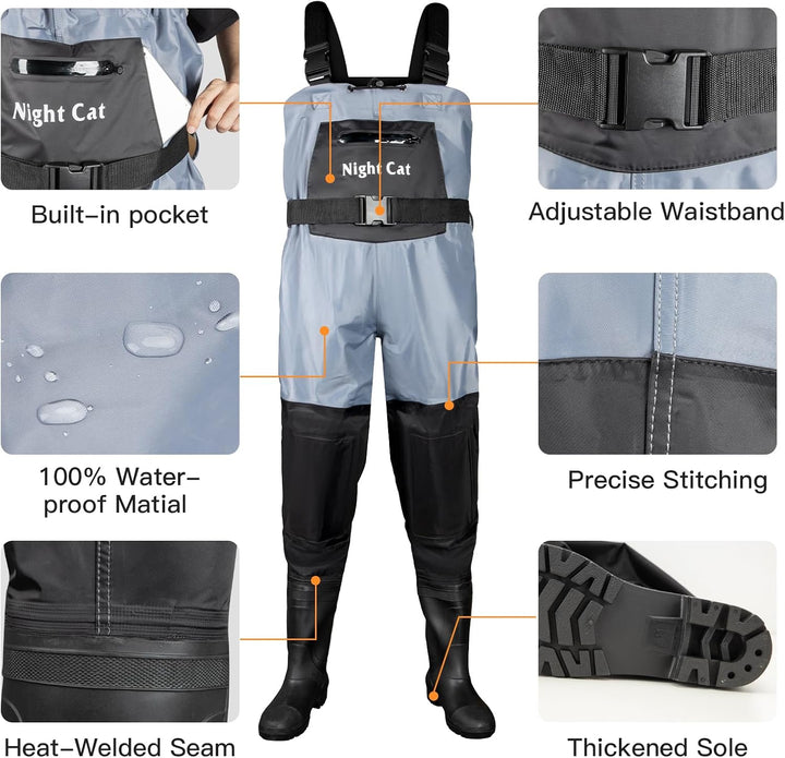 Night Cat Wathose Herren Damen Frauen Wathose mit Stiefeln Wasserdichte Atmungsaktive Crosswater Bla