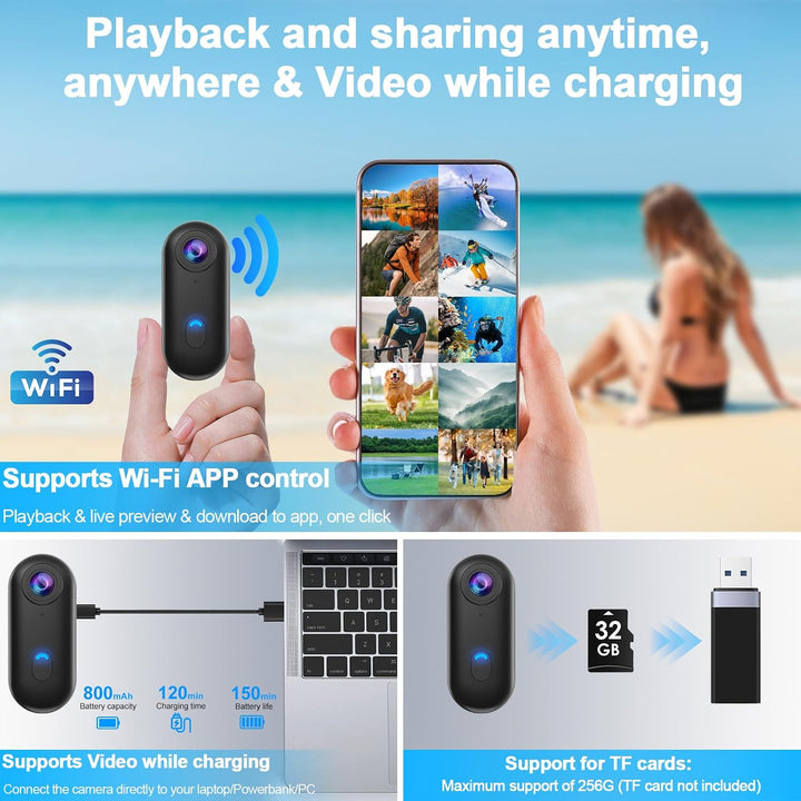 OBEST Action Cam 4K 360 Action Kamera Mini Bodycam Körperkamera, Magnetisch Vlog POV Camera, WiFi Un