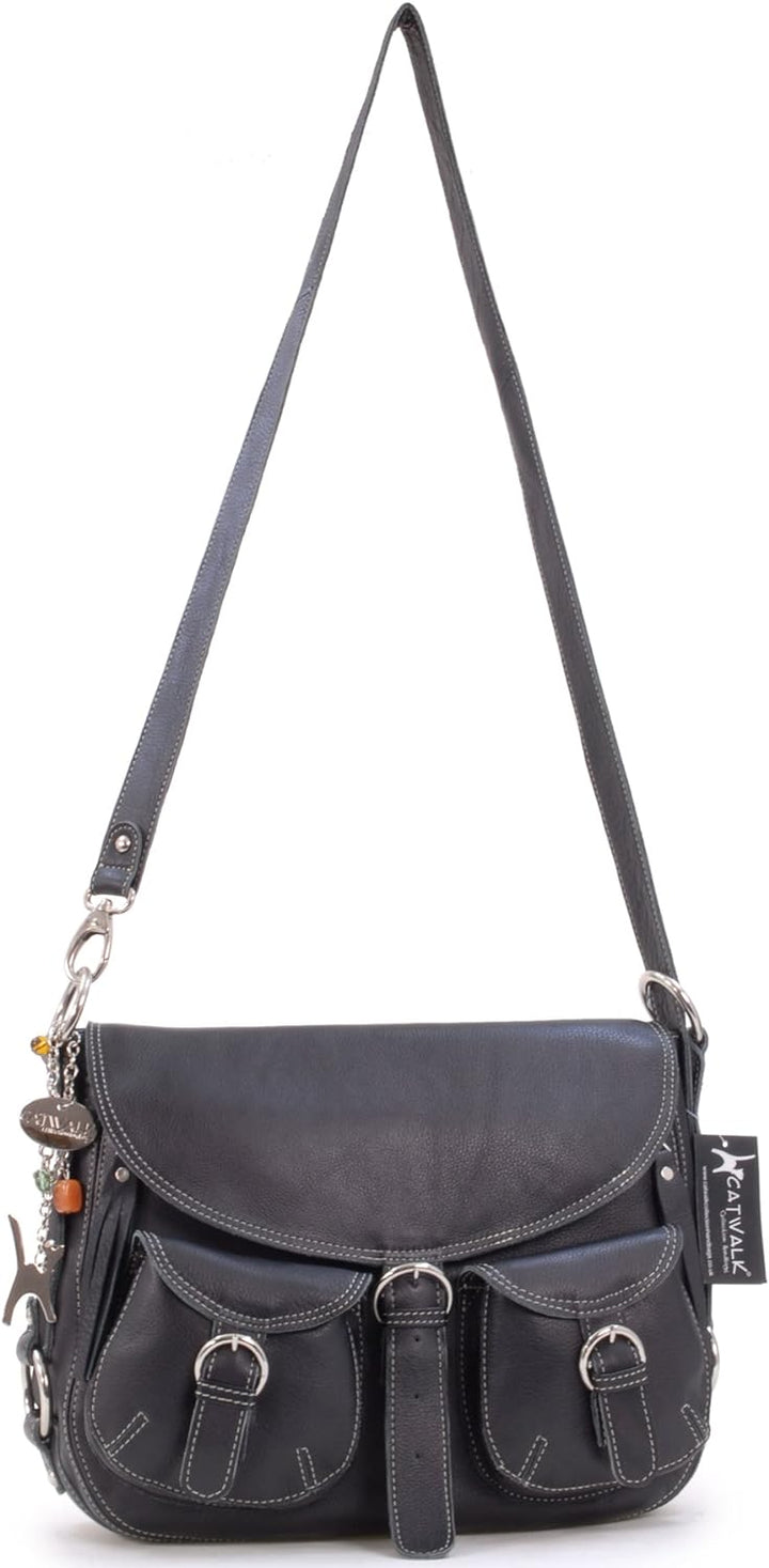 Catwalk Collection Handbags - Leder - Grosse Überschlagtasche/Schultertasche - COURIER L Schwarz, L