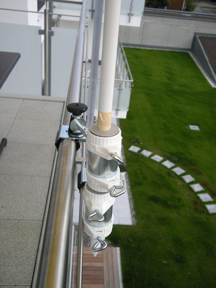 2 X - SONNENSCHIRMHALTER für BALKONGELÄNDER 25,5 mm bis 55 mm Ø für Aussen oder Innen Befestigung mi