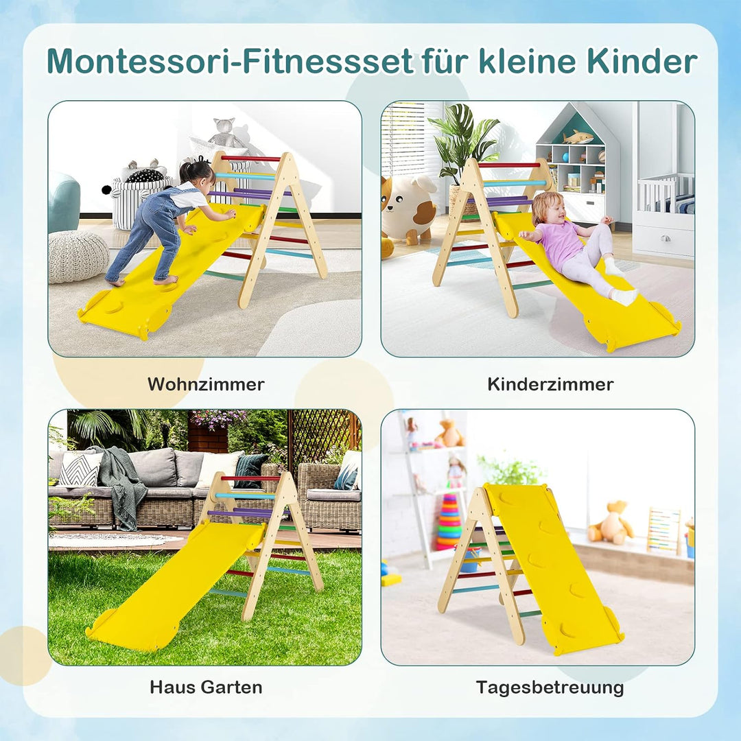 COSTWAY Kletterdreieck mit Rutsche, Klettergerüst Indoor ab 1 Jahr, Sprossendreieck Kletterrampe aus