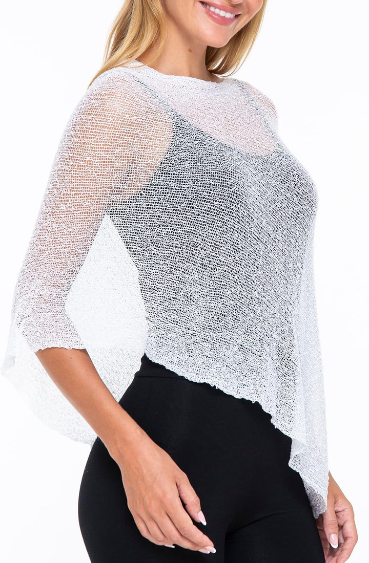SHU-SHI - Damen Poncho-Top - transparent - leichtes Strickmaterial Weiss, Weiss