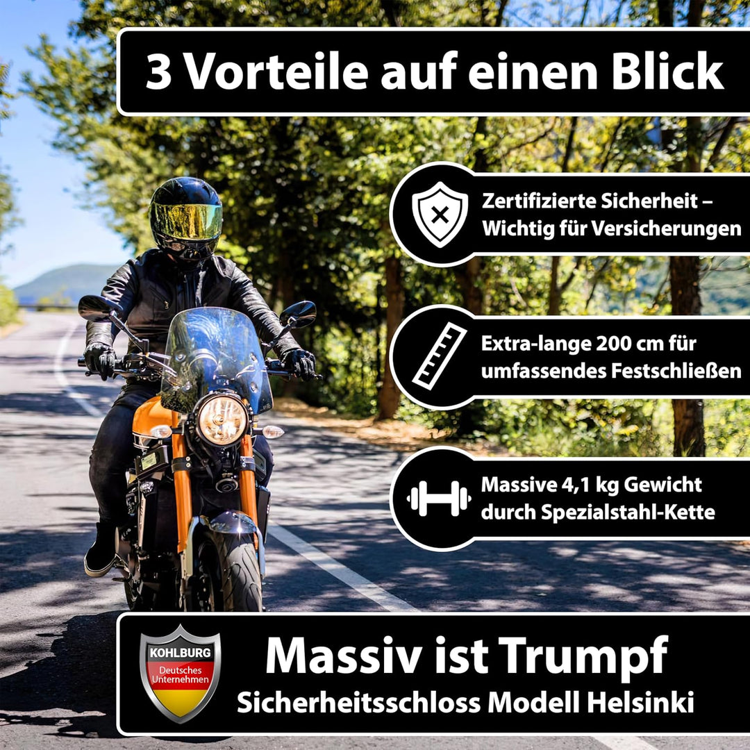 KOHLBURG 200cm Sicherheits- Kettenschloss - Schloss mit 8,3mm starker 4-Kantkette aus Spezialstahl-