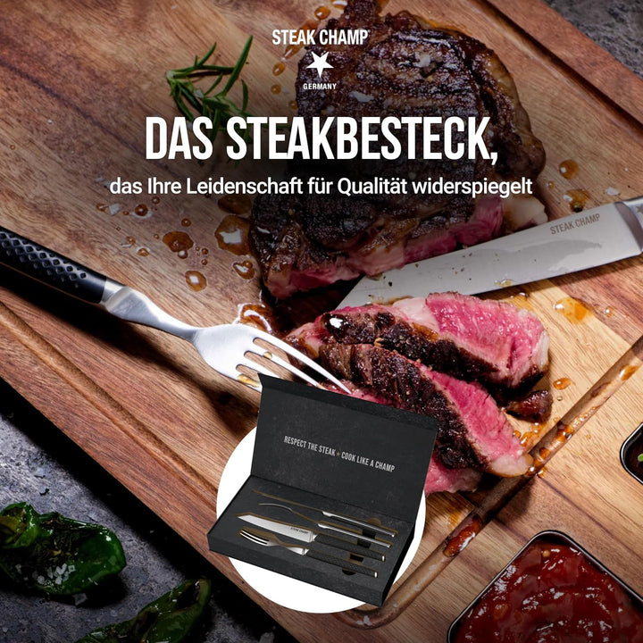 Steak Champ Steakbesteck Prime Rib: 2 Steakmesser & 2 Steakgabeln aus Klingenstahl, Rutschfeste Grif