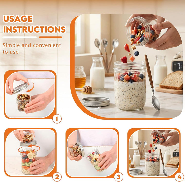 4 Stück Müslibecher To Go,500 ml + 90 ml,Doppelschicht Design,Trocken/Flüssig Trennung,Overnight Oat