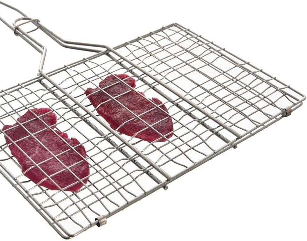 Doppelter Grillrost, rechteckig, 34 x 22 cm, aus verchromtem Stahl, mit Holzgriff – perfekt für meis