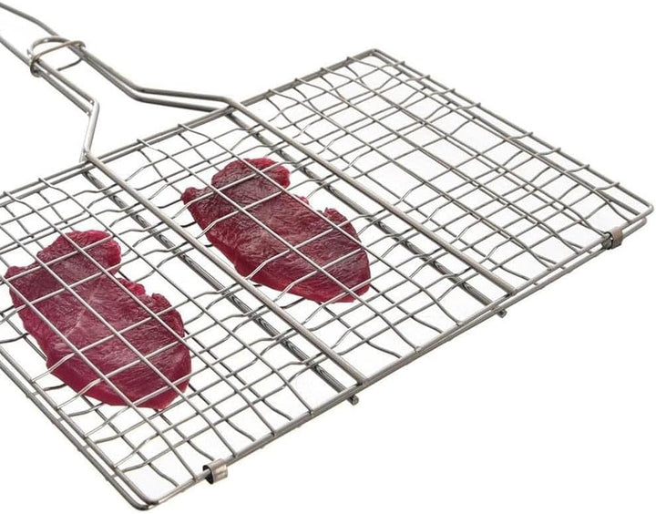 Doppelter Grillrost, rechteckig, 34 x 22 cm, aus verchromtem Stahl, mit Holzgriff – perfekt für meis