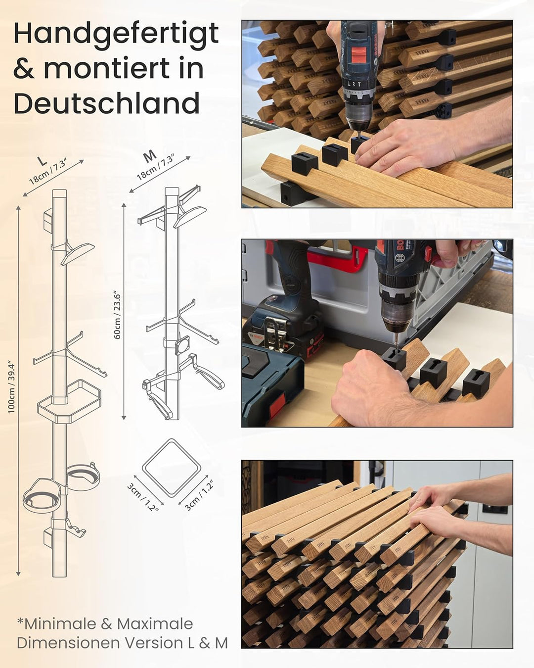 PARAX Gear-Rack Wand-Organizer für Fahrradzubehör aus Holz M: 60 cm M Set 2: Helm | 2x Brille | Abla