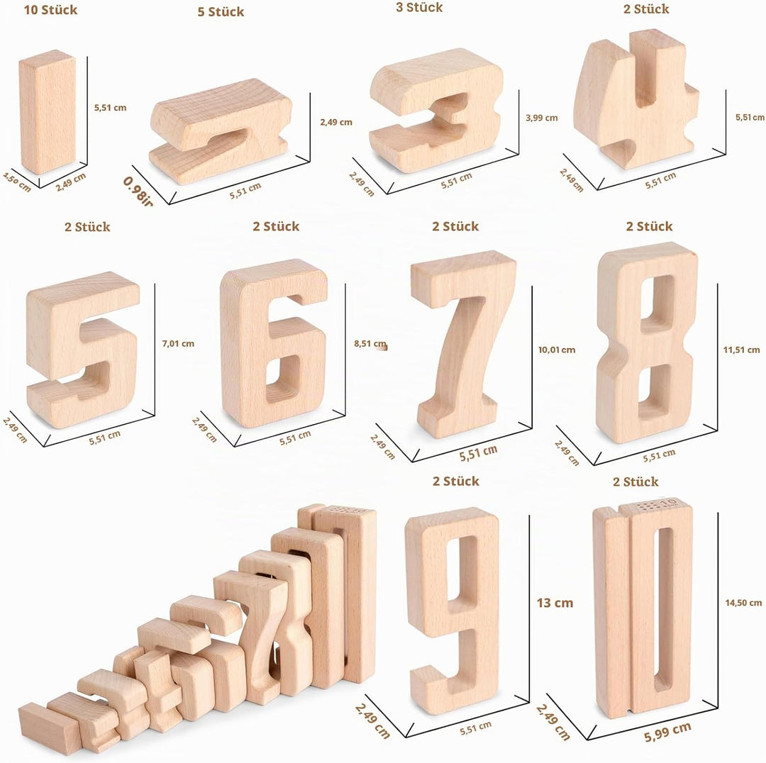 Holz Zahlbausteine, Grosse Ziffernblöcke 1-10, 32 Stück Mathebausteine Zahlenspiele für Kinder, Bild
