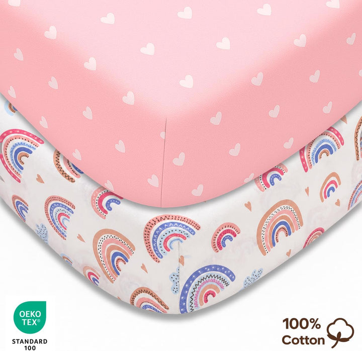 Lovely Hippo 2X Spannbettlaken 100% Baumwolle + 1X Matratzenschoner 100% wasserdichtem Material - Se