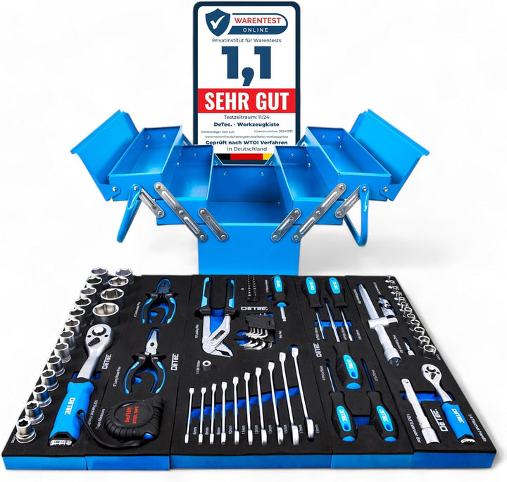 DeTec. Werkzeugkiste blue Edition | klassischer Metall-Werkzeugkasten gefüllt mit Werkzeug - 86tlg.