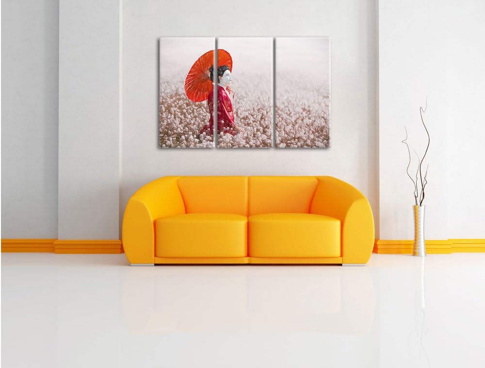 Pixxprint Geisha auf dem Feld / 3-Teilig/Gesamtmass 120cm Leinwandbild bespannt auf Holzrahmen/Wandb