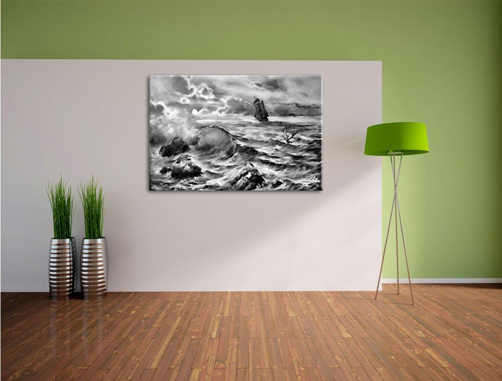 Pixxprint Monocrome, Sturm überm Meer Kunst, Format: 100x70 auf Leinwand, 100x70