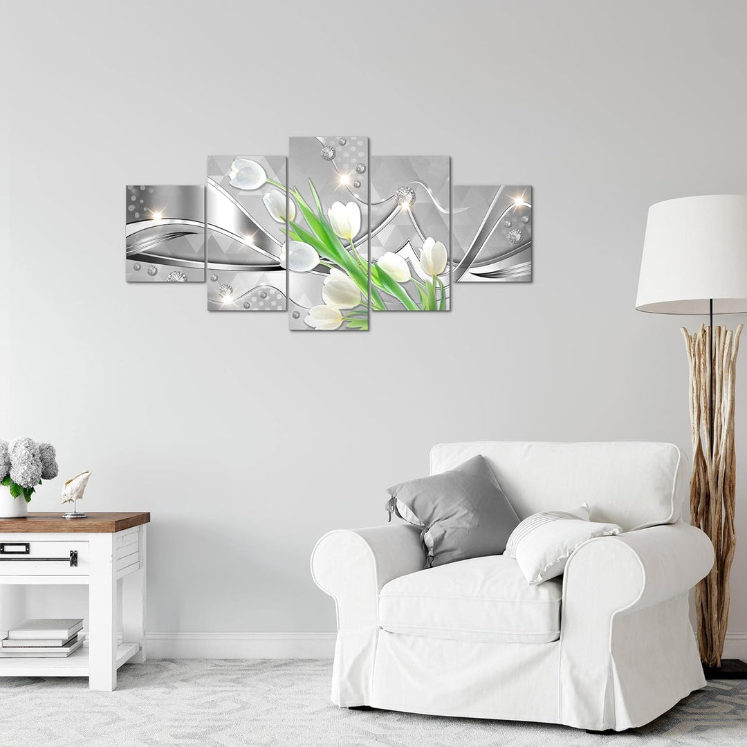 Runa Art Wandbilder Blumen Tulpen 5 Teilig Bild auf Vlies Leinwand Deko Wohnzimmer Diamant Grau Grün
