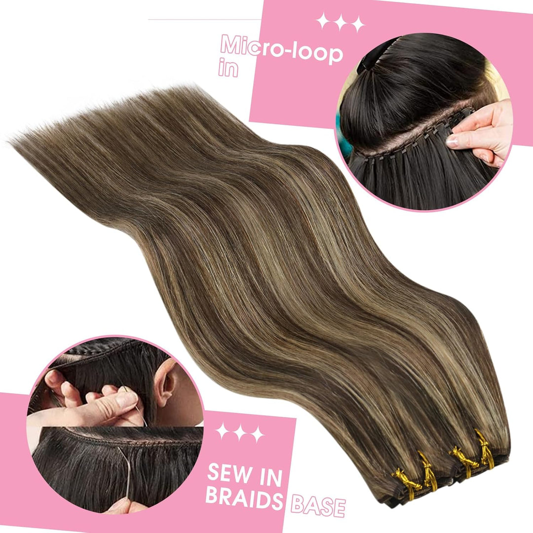 YoungSee Tressen Echthaar Braun Blond Echthaar Tressen zum Einnahen 45cm Haartressen Echthaar zum Ei