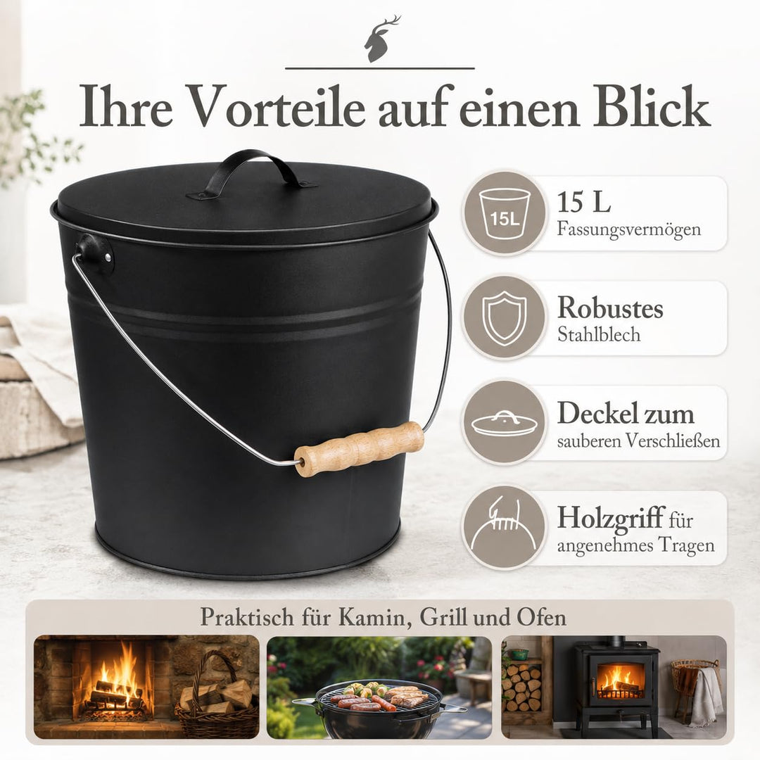 ReWu Stahleimer Ascheeimer Mehrzweckeimer oval mit Deckel für heisse Glut und Asche - Grösse 15 l -