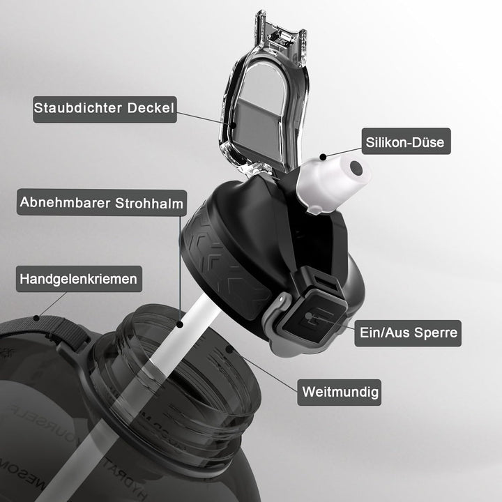 3L Trinkflasche mit Strohhalm, BPA Frei | Grosses Fassungsvermögen, Breite Öffnung, Fitnessstudio, T