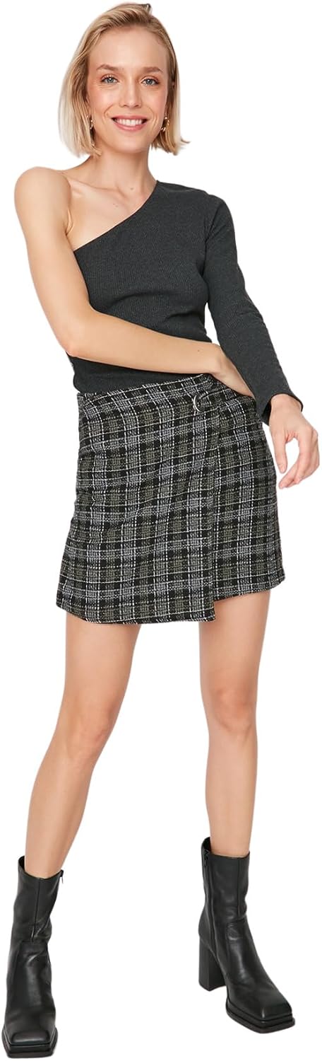 TRENDYOL Frau Mini Wickelschnitt Straight Webstoff Rock 38 Khaki, 38 Khaki