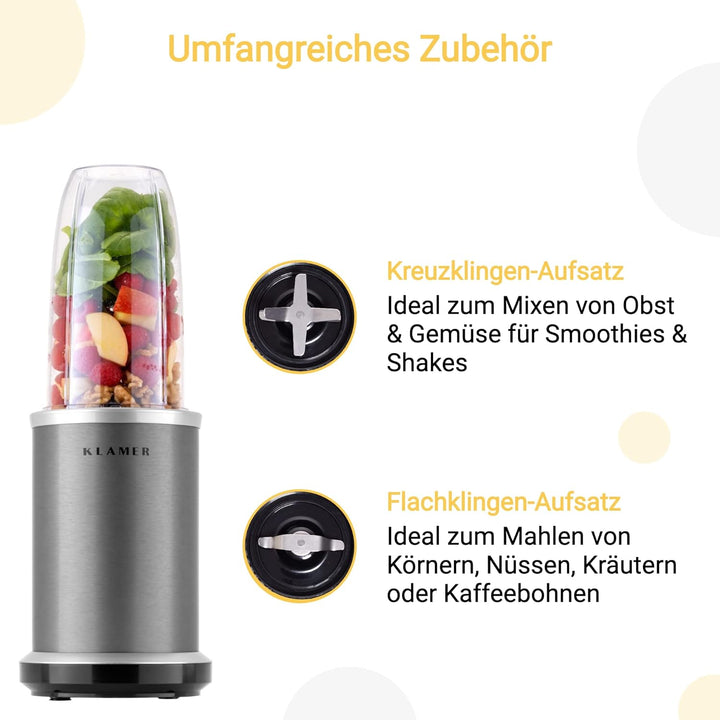 KLAMER Bullet Mixer 1000 Watt, Smoothie Maker, elektrischer Shake Mixer mit 2 Mixbehältern, 2 Klinge