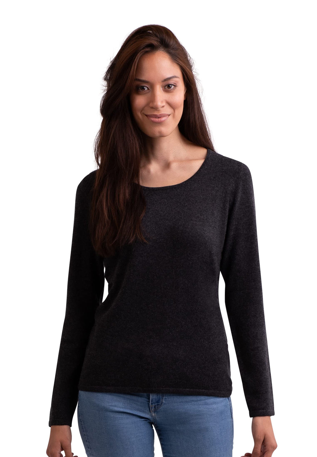 CASH-MERE.CH 100% Kaschmir Damen Pullover | Sweater Rundhalsausschnitt 2-fädig XS Dunkelgrau, XS Dun