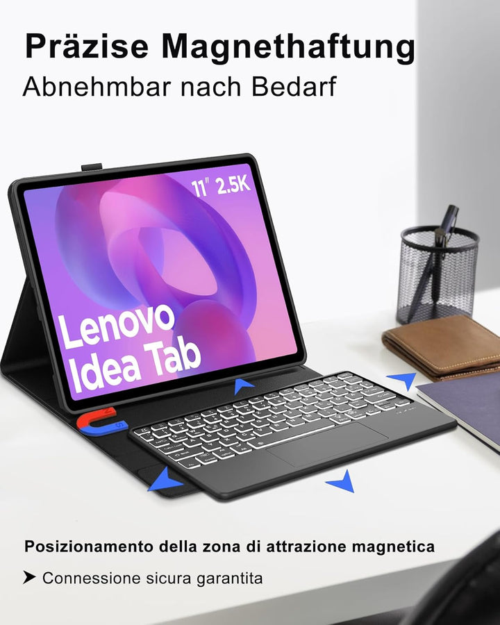 11 Zoll Bluetooth Tastatur Hülle für Lenovo Idea Tab 11, Deutsch QWERTZ mit 7-Farben Licht und Touch