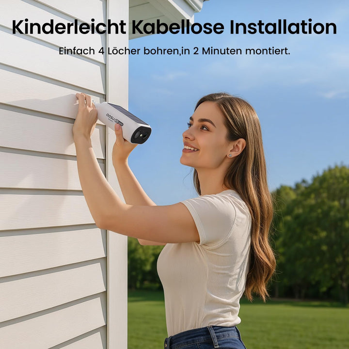 aosu 2K Überwachungskamera Aussen Solar Akku 4 Cam-Kit mit Aosubase Integrierte Solarplatte Kein ABO