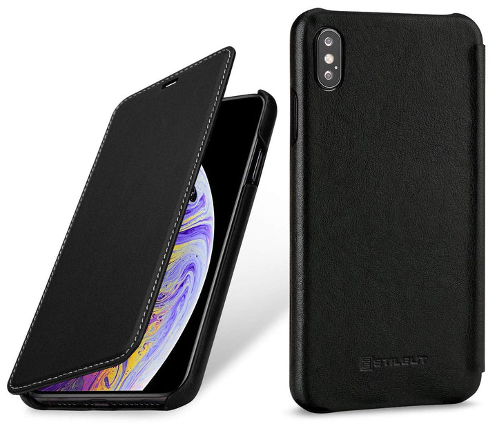 STILGUT Schutz-Hülle kompatibel mit iPhone XS Max Book Type aus Echtleder, schwarz Nappa, schwarz Na