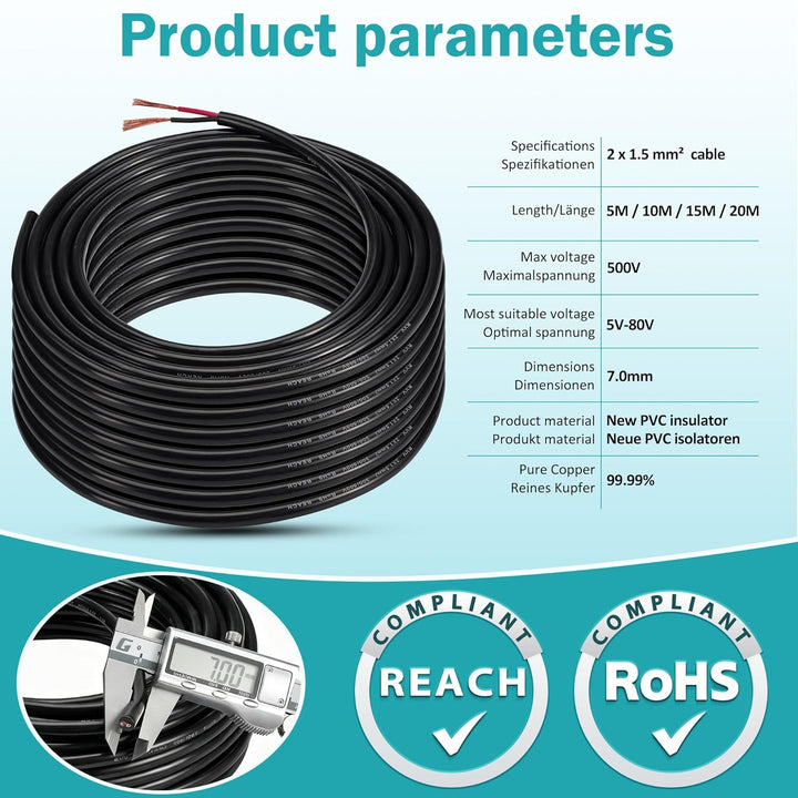 2 adriges KFZ Kabel 2x1,5mm² - 20M Anhängerkabel 12V/24V Kupfer - Wasserfest FLRYY Fahrzeugkabel für