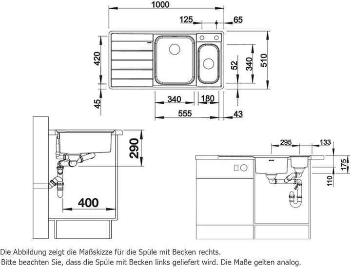 BLANCO AXIS III 6 S-IF | Edelstahl | Einbauart: Einbau von Oben & Flächenbündig | Hauptbecken links