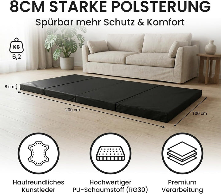 Jeflex - klappbare Weichbodenmatte & Turnmatte 200 x 100 x 8 cm MADE IN GERMANY/Gymnastikmatte tragb