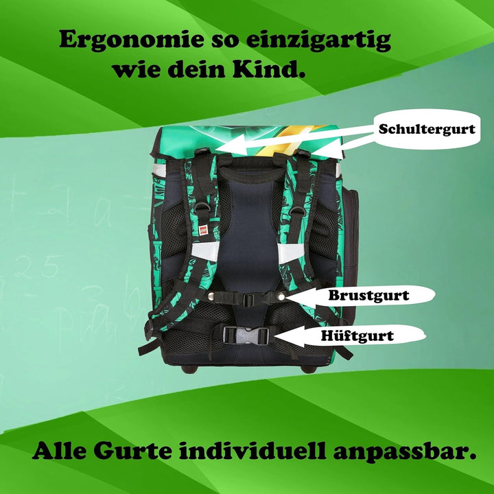 Familando - Schulranzen Set 9-teilig mit Sporttasche - Ninjago Grün - Ergonomisch, stabil & mit gepo