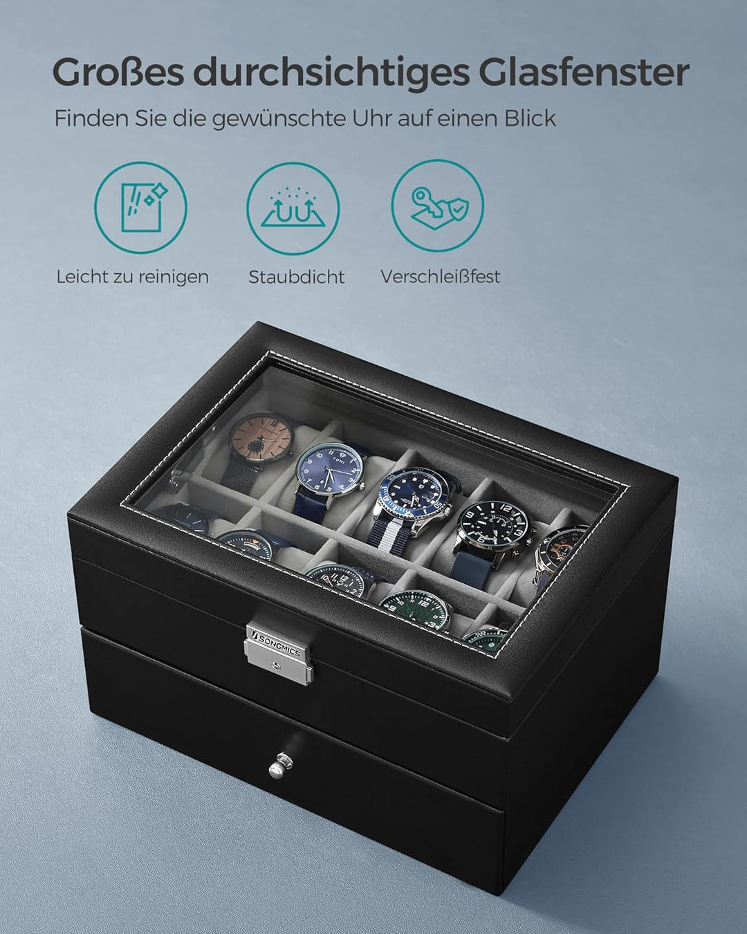 SONGMICS Uhrenbox, Uhrenkasten mit Glasdeckel, 2 Ebenen, Uhrenkoffer mit herausnehmbaren Uhrenkissen