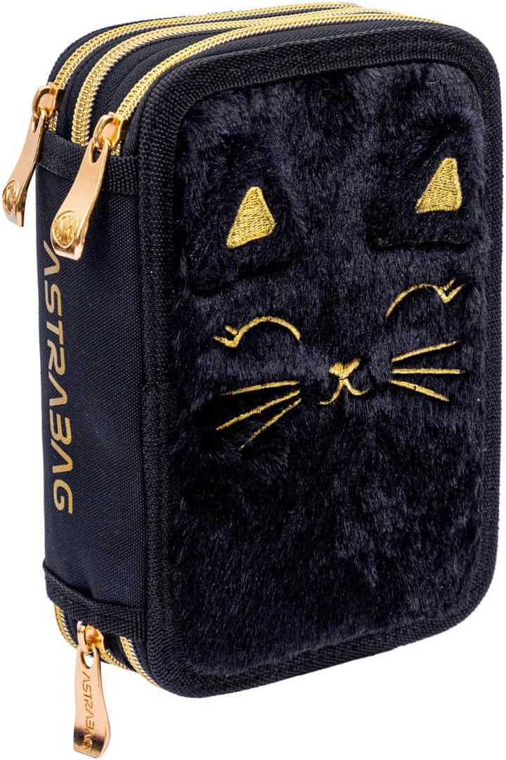 ASTRABAG 3-Fach Mäppchen Federmappe Gefüllt Jumbo Fluffy Kitty Black mit Plüsch und Ohren