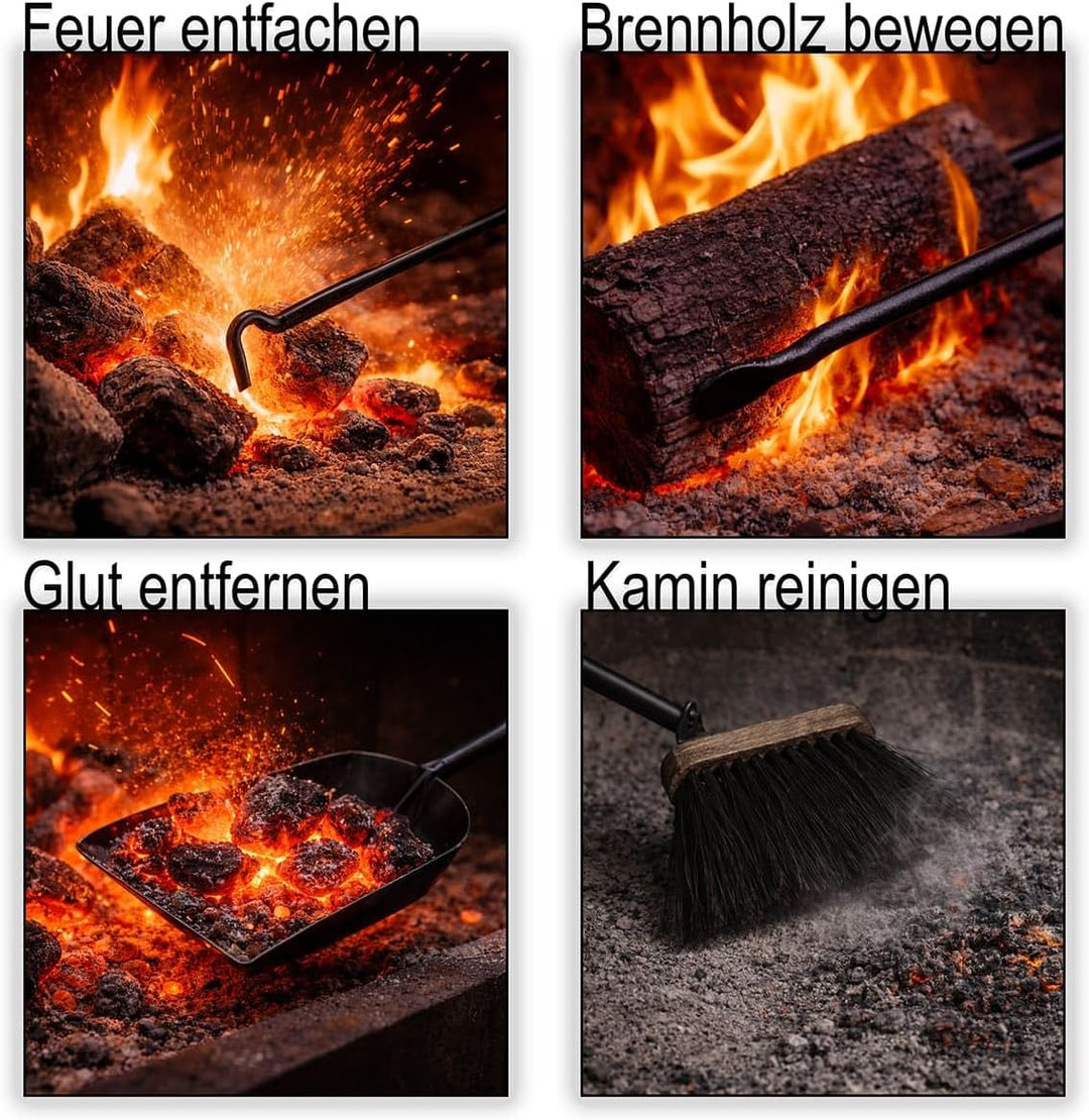 MS Beschläge Kaminbesteck Set 5-tlg mit Besteckbehälter aus Leder Altweiss - moderne Kamingarnitur K