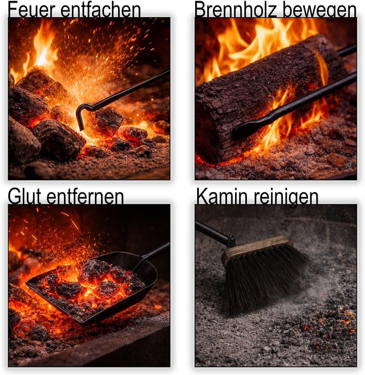 MS Beschläge Kaminbesteck Set 5-tlg mit Besteckbehälter aus Leder Altweiss - moderne Kamingarnitur K