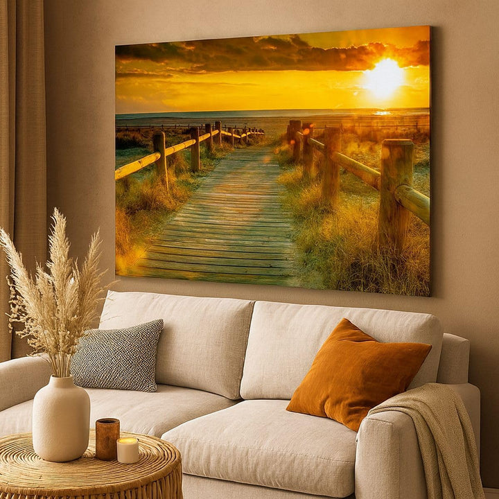 Bilder auf Leinwand Fussgängerbrücke Strand Urlaub Sonne Leinwandbild 70x50cm Wandbilder Dekoration