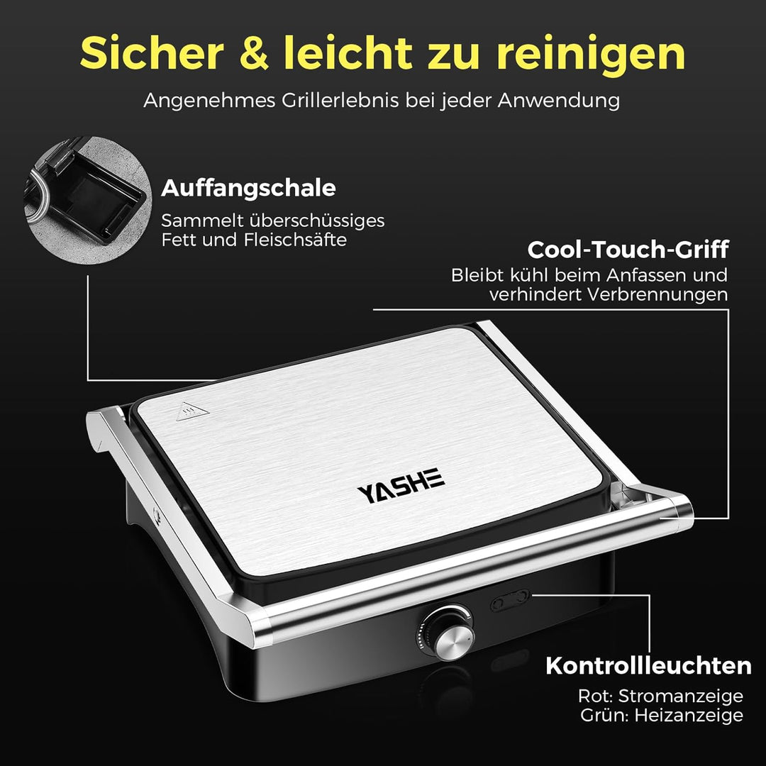 YASHE 2000W Kontaktgrill, Panini Grill mit 4 Scheiben, 180° Öffnung, Antihaftplatten, Temperatur ein