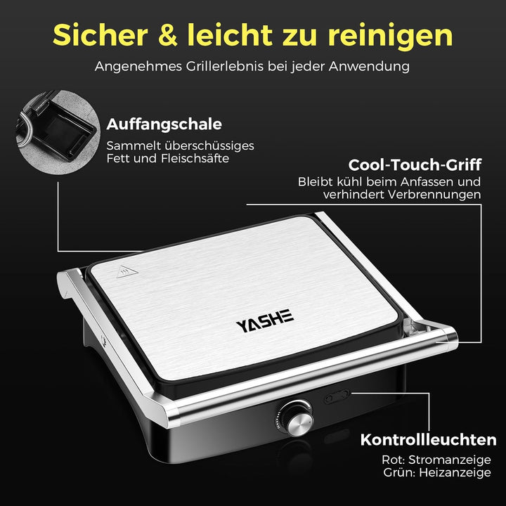 YASHE 2000W Kontaktgrill, Panini Grill mit 4 Scheiben, 180° Öffnung, Antihaftplatten, Temperatur ein
