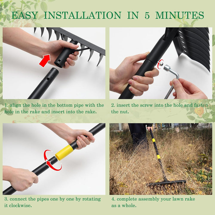 Gartenrechen Schwerlast, 189 cm, Metallrechen mit 12 Zinken, Bogenrechen mit langem Griff zum Lösen
