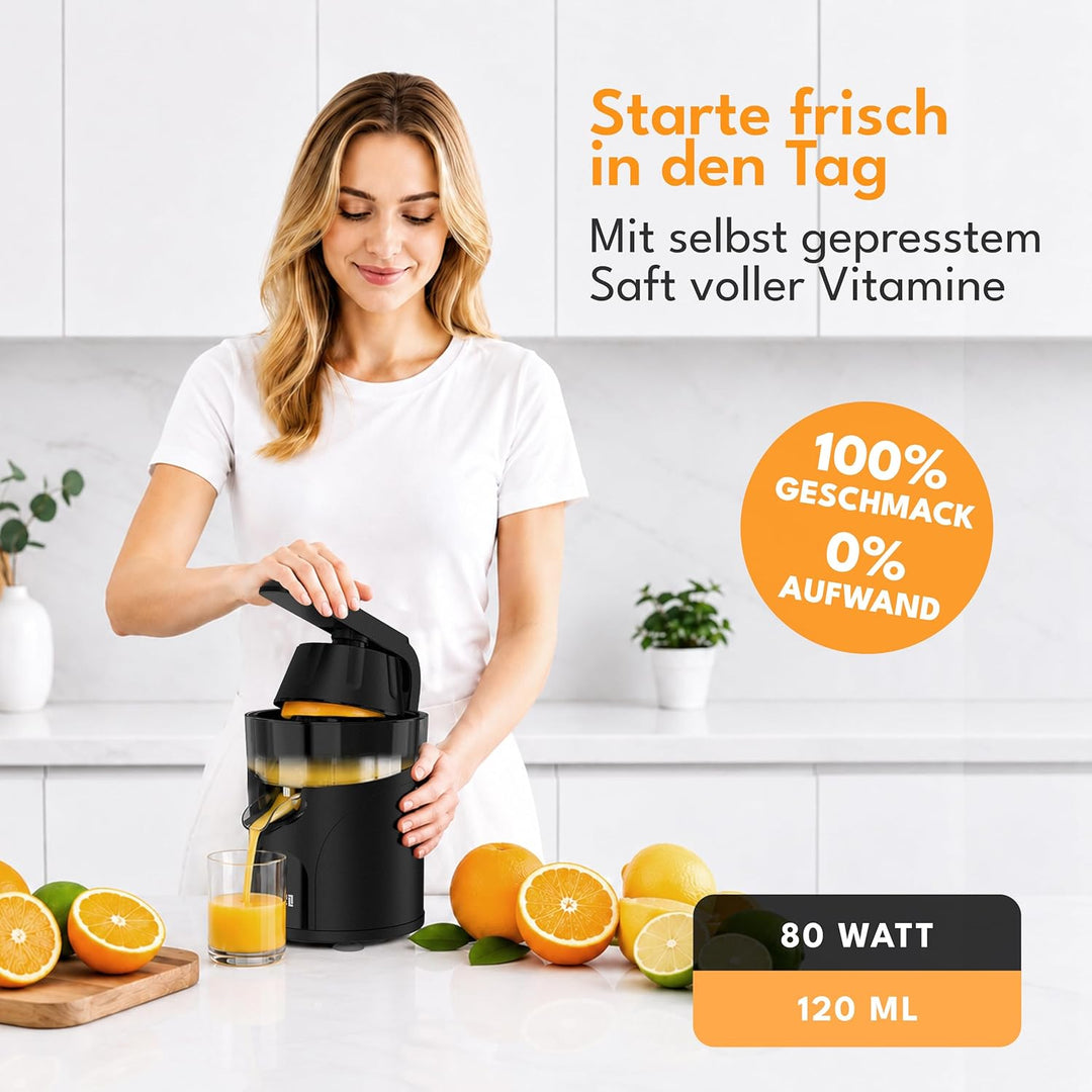 LEBENLANG Saftpresse Elektrisch 80W - Inkl. 2 Kegel &amp; BPA-Frei I Hohe Ergiebigkeit I Zitronenpresse