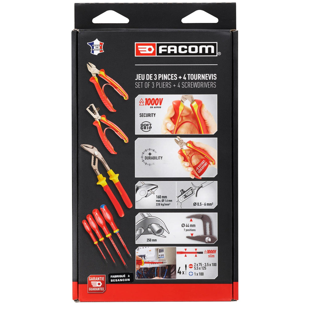 FACOM Set mit 3 Zangen und 4 Schraubendrehern, isoliert, 1000 V – VE.A2PB 4 Pièces + 3 Pinces, 4 Piè