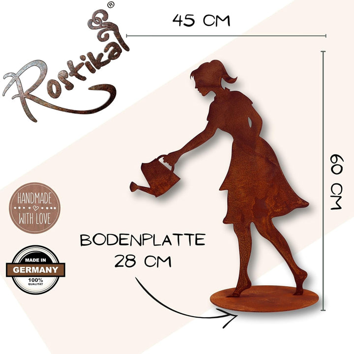 Rostikal Gartenfigur Gärtnerin 60 cm – Perfekte rostige Rostfigur mit Bodenplatte, wetterfeste Garte
